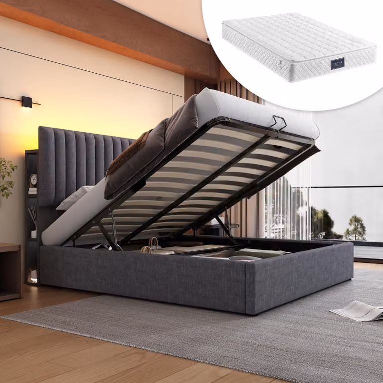Letto matrimoniale OKWISH 160x200 cm con materasso incluso, porte USB-C e illuminazione LED - Letto matrimoniale in lino e metallo collegato - Grigio