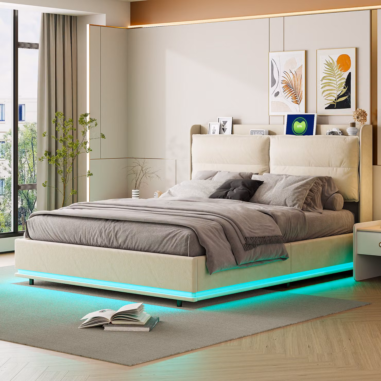 Letto imbottito 140x200cm con ricarica wireless (USB e Type-C), letto matrimoniale con LED, velluto, beige