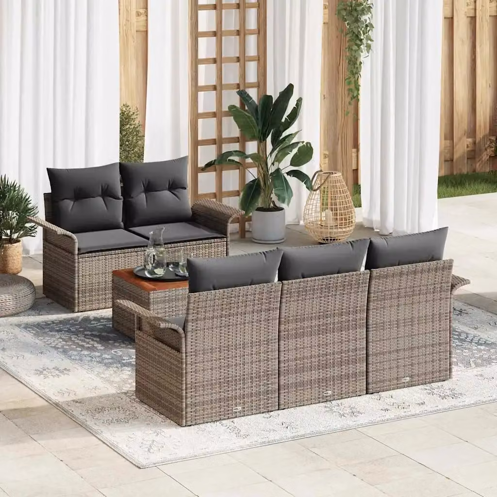 Set Divano da Giardino vidaXL a Forma di L in Polyrattan Grigio con Cuscini e Tavolino da 6 Pezzi – 1
