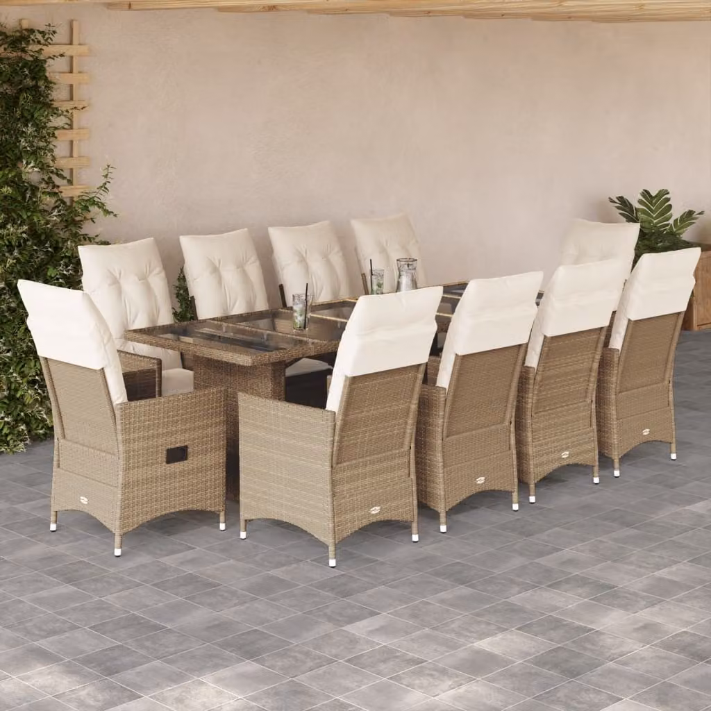 vidaXL Set Bistrò da Giardino 11 pz in Polyrattan Beige con Cuscini e Tavolo in Vetro – 1