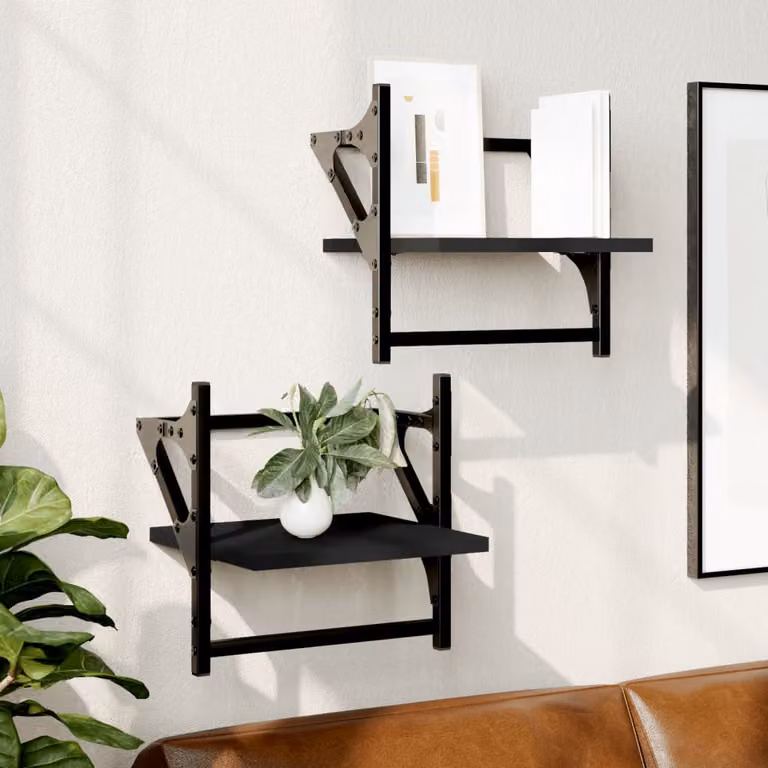 vidaXL Set di 2 Mensole da Parete con Aste in Metallo e Legno, Colore Nero, L 30 x P 25 x H 30 cm
