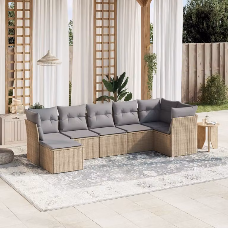 Set Divano da Giardino vidaXL a L di 7 pezzi con Cuscini Beige e Grigio in Polyrattan e Metallo