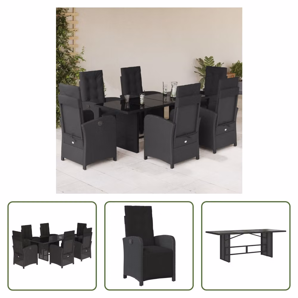 The Living Store Set da pranzo da giardino 7 pezzi con cuscini in polirattan nero