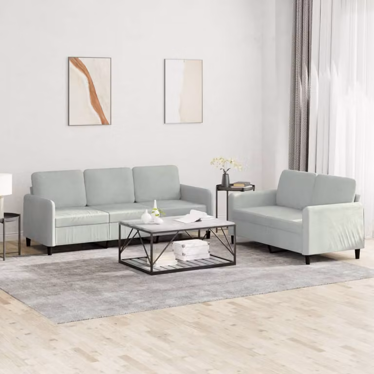 Set di divani vidaXL composto da un divano a 2 posti e uno a 3 posti in velluto grigio con design moderno e cuscini inclusi