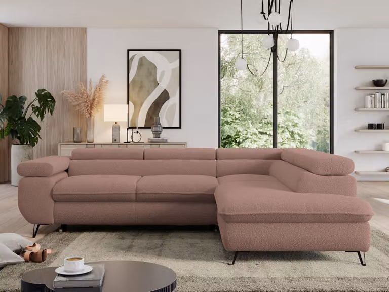 Divano con funzione letto, divano angolare a L, divano da salotto, con poggiatesta regolabili - PEDRO L - Boucle - Rosa - Destra