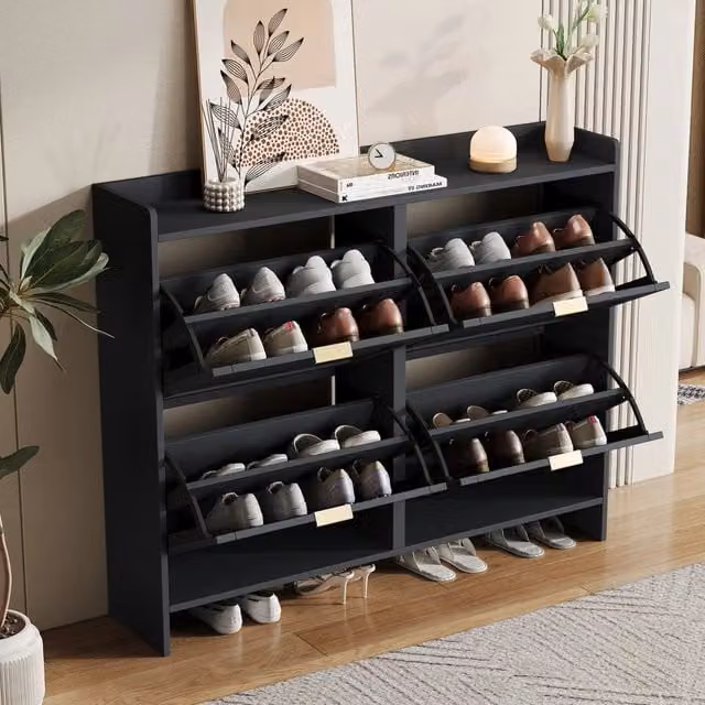 Scarpiera Minimal con Ante Ribaltabili e Ripiani Interni Nero Opaco L: 110 cm, H: 90 cm, P: 24 cm