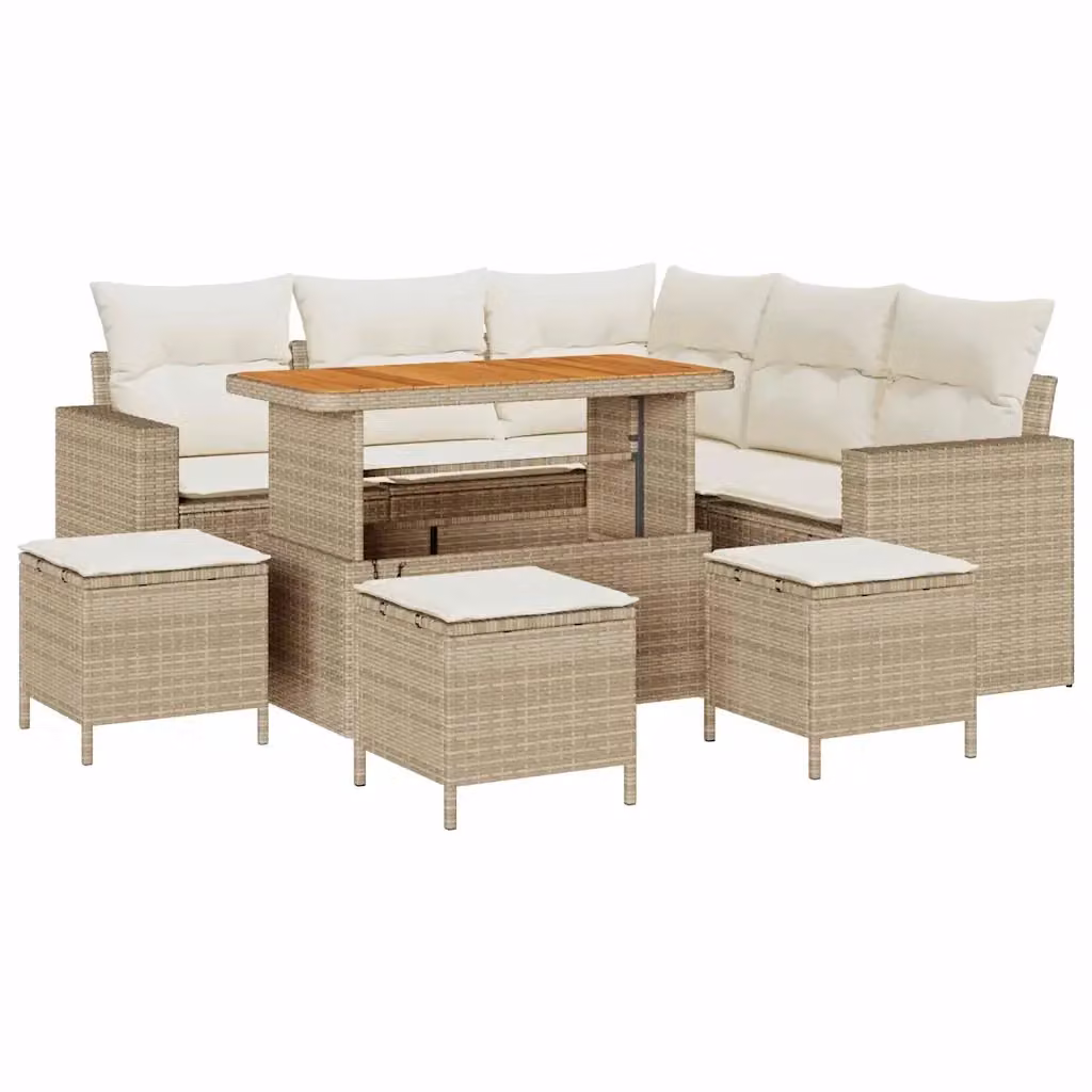 Set Divano da Giardino vidaXL 10 Pezzi a Forma di L con Tavolino, Ottoman e Cuscini Beige e Bianco – 2