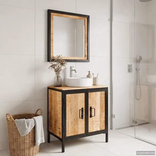 Set Mobili da Bagno vidaXL in Legno di Mango e Metallo Stile Industrial, Colore Marrone, Composto da Mobile Lavabo e Armadietto Specchio con Ante a Battente, Montaggio a Parete – 1