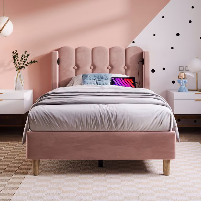 Letto imbottito Flieks 90x200cm con USB e tipo C, letto per ragazzi con rete a doghe, letto singolo letto in legno letti classici, velluto, rosa