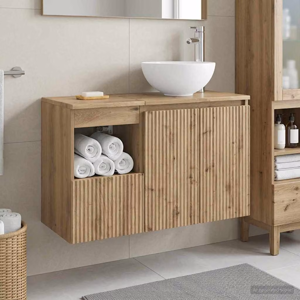 Set di mobili da bagno moderni vidaXL in legno color rovere marrone composto da mobile lavabo e pensile a parete L/P/H: 80,0 x 49,5 x 41,0 cm e 41,0 x 31,71 x 49,5 cm