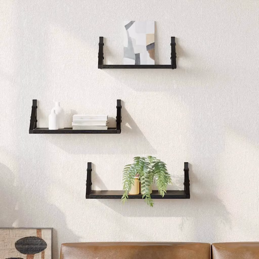 Set di 3 scaffali da parete vidaXL in stile minimalista, colore nero e rovere, L 37 x P 12 x H 13 cm