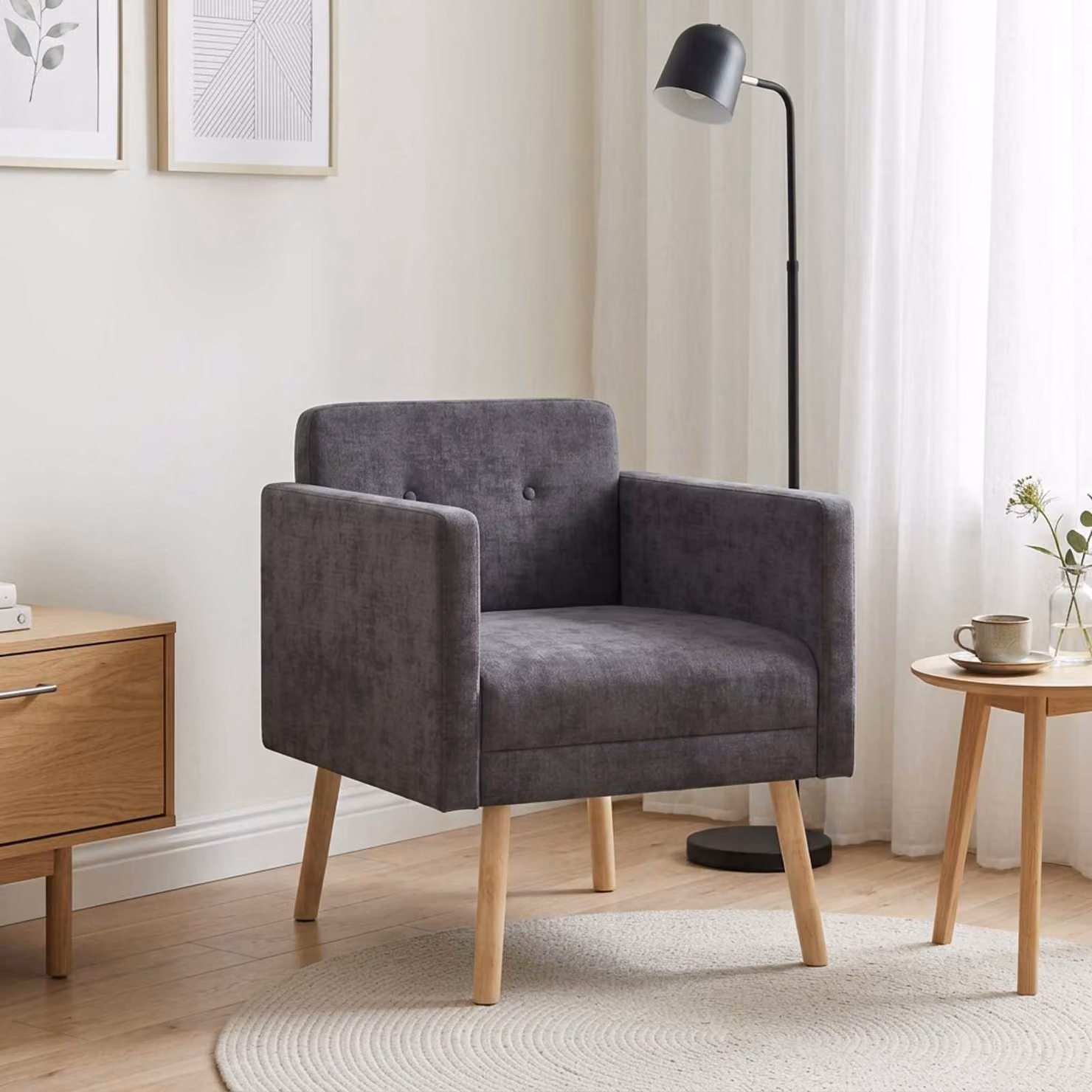 Sedia d'accento moderna vidaXL in tessuto grigio con braccioli e struttura in legno