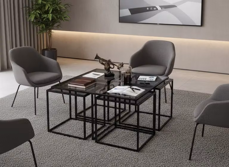Tavolino da salotto moderno, minimalista, nero, elegante, di classe, confortevole