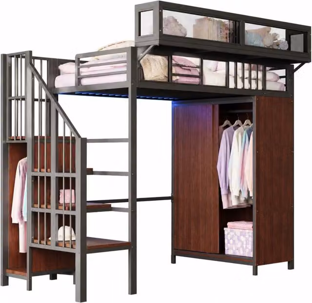 Letto a soppalco 90x200 cm in metallo con armadi; scala contenitore e LED; nero