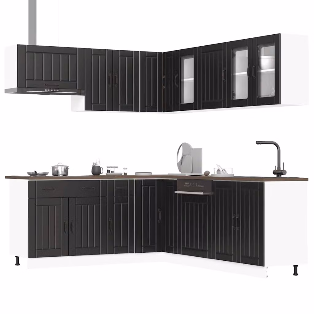 Set di mobili da cucina vidaXL Lucca composto da 11 pezzi in legno multistrato e vetro, colore nero opaco