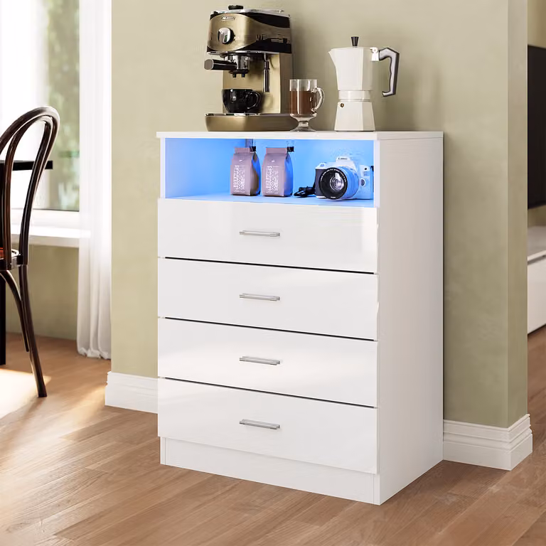 Mobiletto a libera installazione SONNI bianco lucido, con 4 cassetti e divisori a giorno, 60x40x83 cm, con illuminazione LED regolabile, adatto a soggiorno e camera da letto