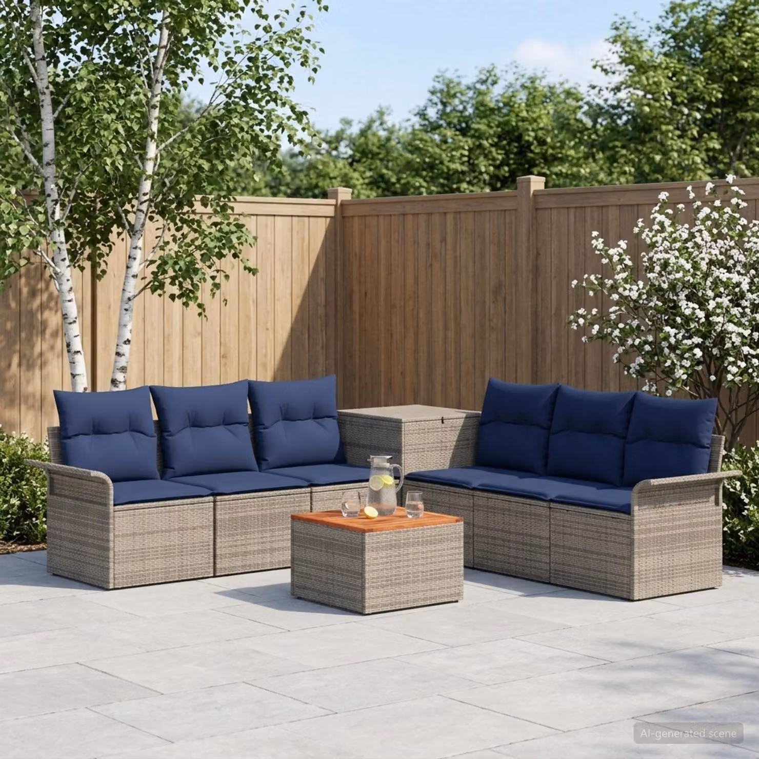 Set di divani da giardino vidaXL a forma di U composto da 8 pezzi in rattan e acciaio con cuscini inclusi, colori grigio e blu navy