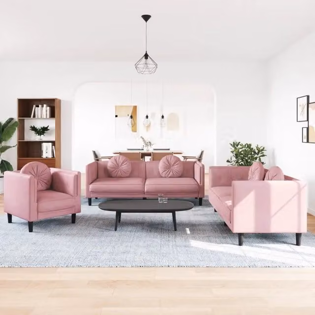 Set di divani moderno vidaXL in velluto rosa composto da un divano a 3 posti e un divano a 2 posti con cuscini coordinati e struttura in legno massiccio