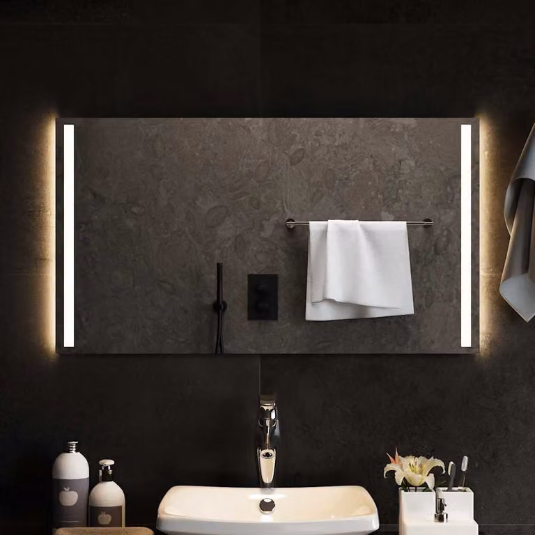 Specchio da bagno moderno vidaXL con luci LED, rettangolare, nero, L: 90 cm, H: 50 cm