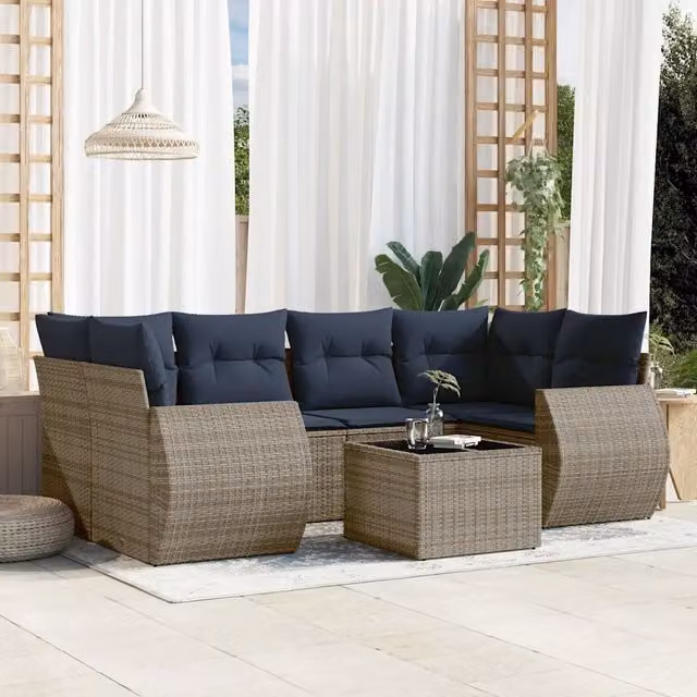 Set da giardino componibile a L vidaXL in polyrattan con 7 pezzi, tavolo da caffè e cuscini grigi e blu con coperture rimovibili