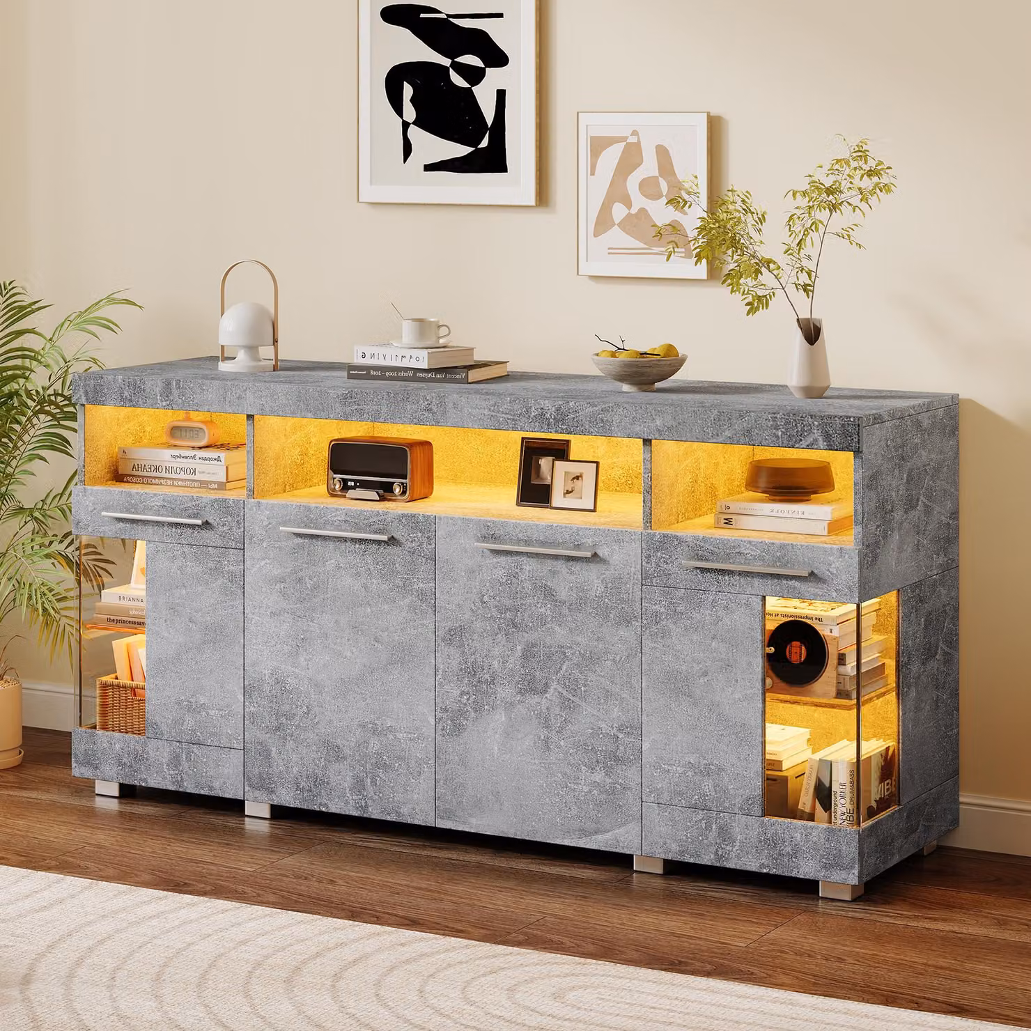 Merax credenza lucida 140 cm con LED, mobile da soggiorno con ante in vetro, 3 armadi e 6 scomparti, cassettiera moderna con vetro temperato, grigio