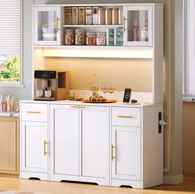 Mobiletto alto da cucina con piano di lavoro, cassetti e doppio cestino estraibile, armadio vetrina bianco 173x140x40 cm