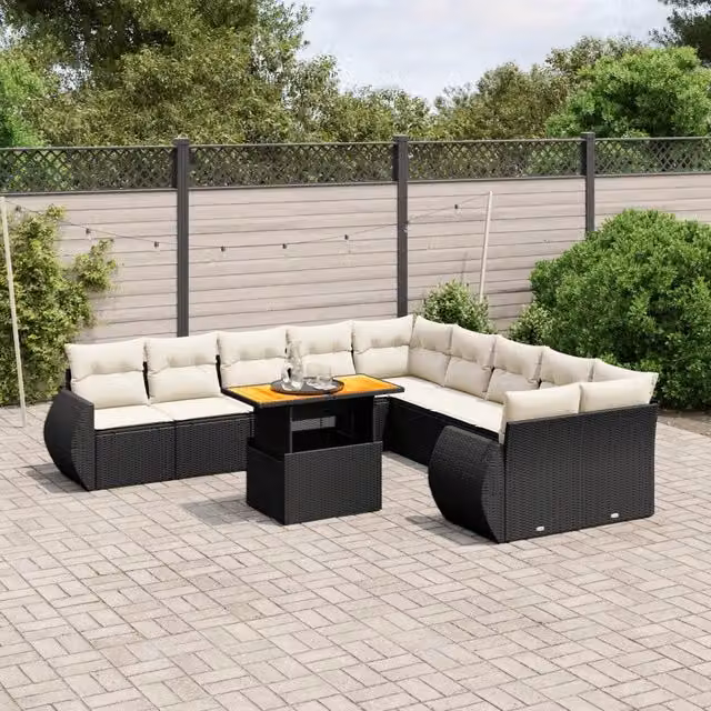 Set di divani da giardino a L VIDAXL in polyrattan nero con 11 pezzi e cuscini inclusi – 1