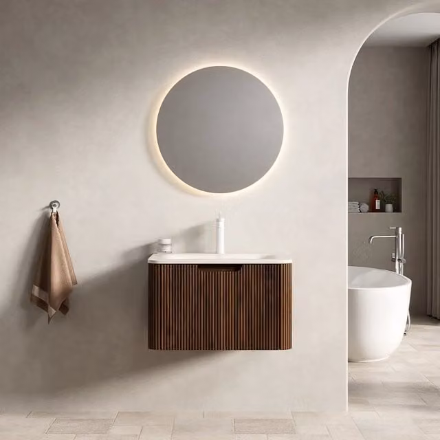 Lavabo da bagno a muro 60 cm in pietra sinterizzata travertino Roma, con mobile sottolavabo in compensato striato color noce e cassetto, preassemblato
