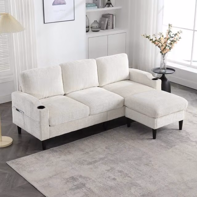 Divano 4 posti WISHDOR con pouf contenitore, braccioli con portabicchieri e tasche laterali, beige