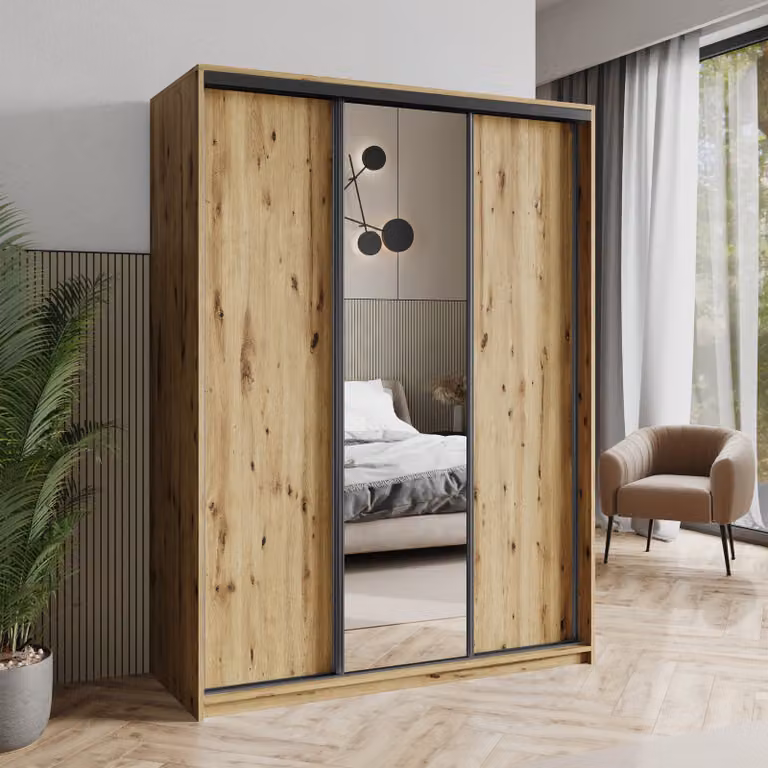 Armadio scorrevole Masseno TAVI 150/205/60 cm Armadio con cassetti Armadio per camera da letto a 3 ante con specchio Rovere Artisan + Nero