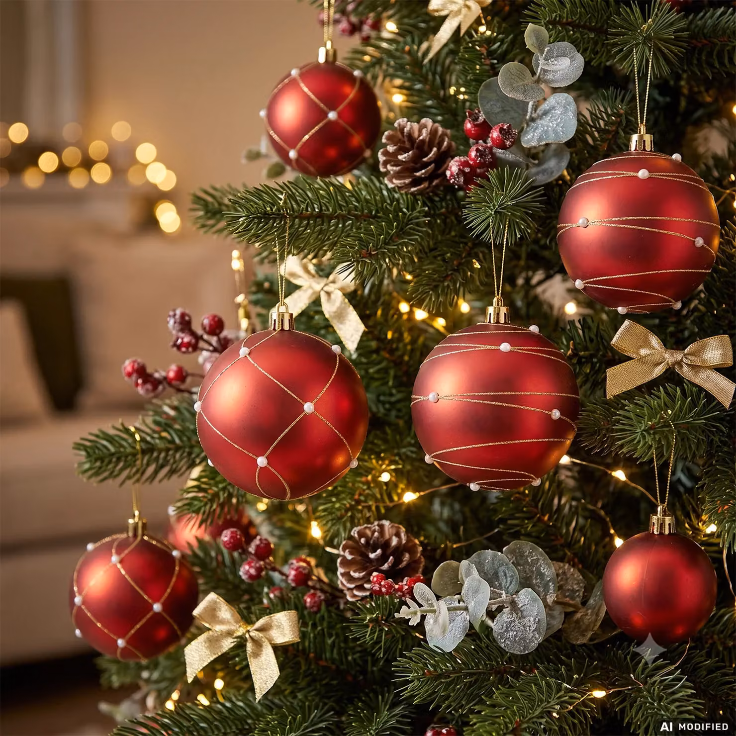 Set di 4 palline di Natale rosse con perle VESTIAMO CASA, diametro: 10 cm – 2