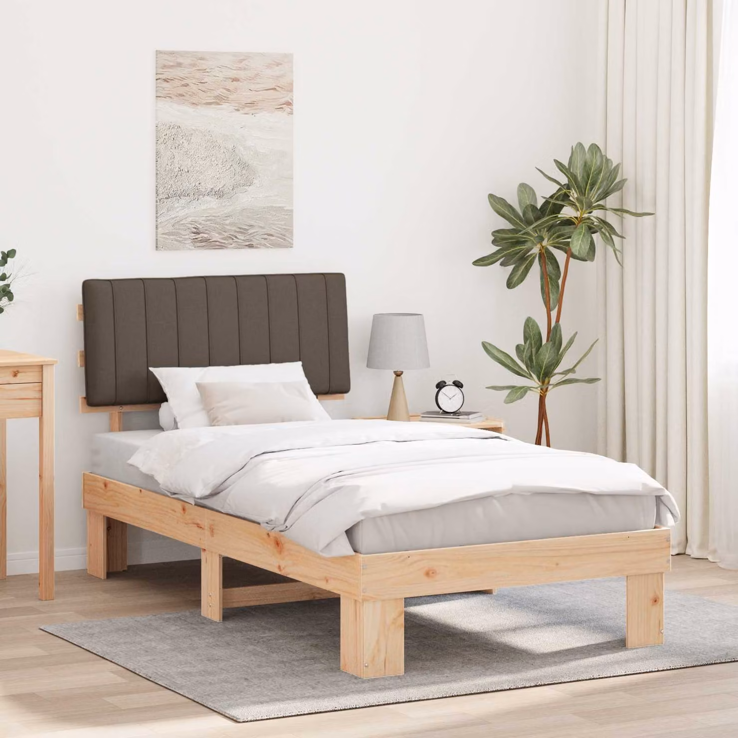 Letto con Testiera Rivestita in Tessuto Beige o Grigio vidaXL in Pino Massello L/P/H: 100 x 200 cm – 1