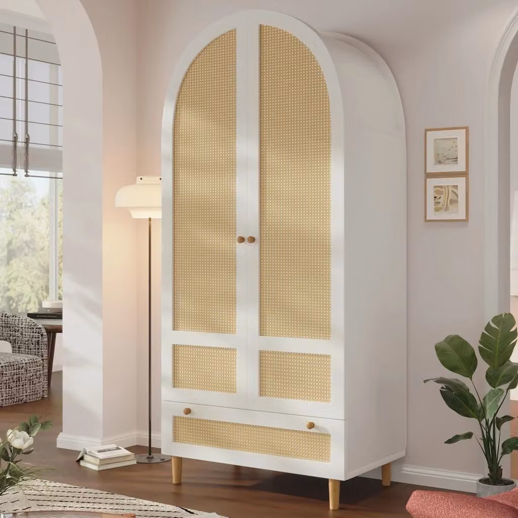 Armadio moderno con ante soft-close e cassetto in MDF e rattan bianco per camera o ingresso, L: 80 cm, P: 50 cm, H: 180 cm – 2