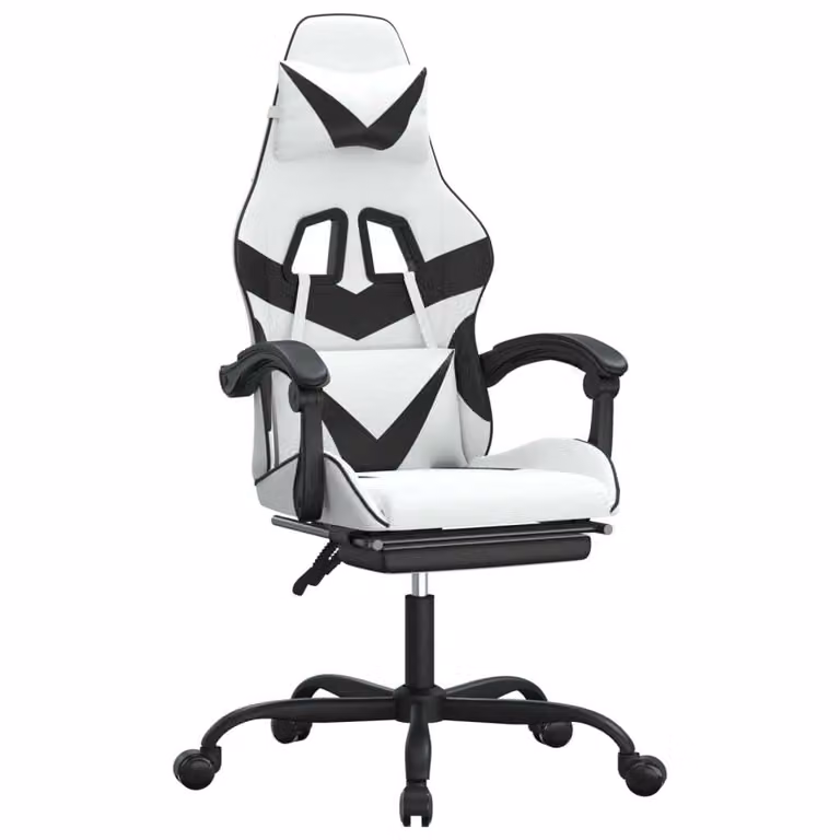 Sedia da Gaming Girevole Poggiapiedi Bianco e Nero Pelle finta