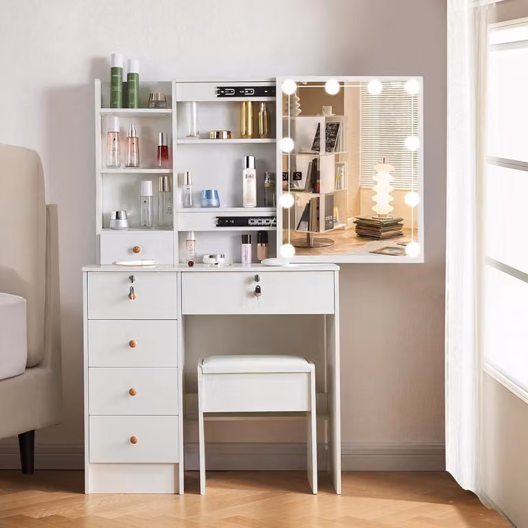 Comò da trucco con specchio e illuminazione a LED, 3 temperature di colore, luminosità regolabile, 6 cassetti, 1 sgabello, colore bianco