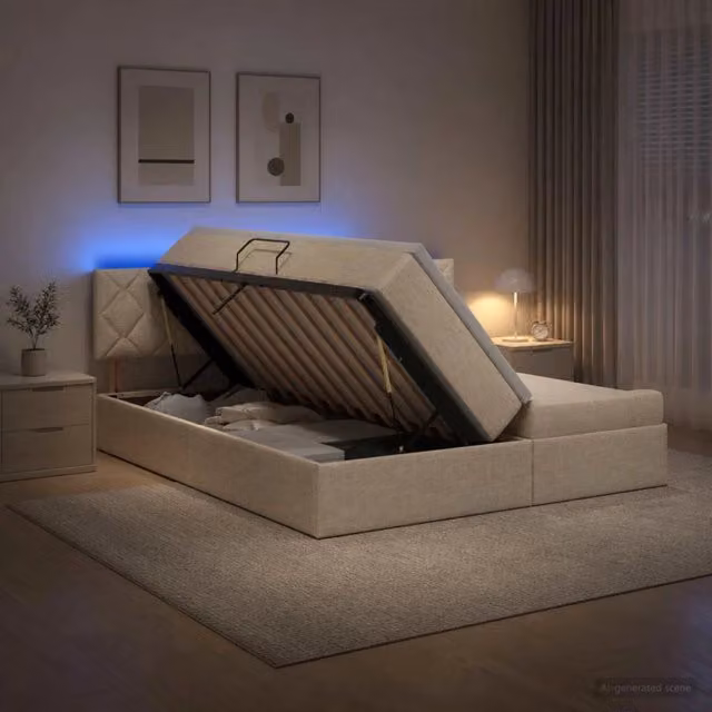 Letto con contenitore vidaXL beige con illuminazione LED, porte USB e materasso, L/P: 200 x 200 cm