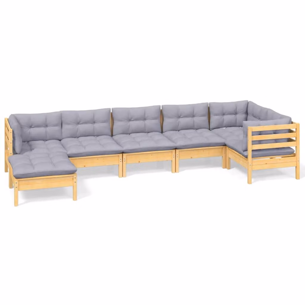 Set Divani da Giardino 7 pz con Cuscini Grigi Massello di Pino