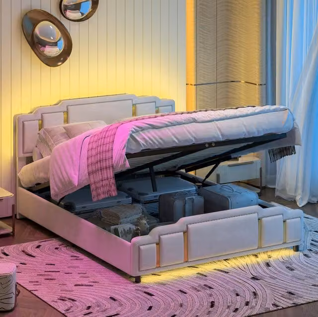 Letto contenitore 140 x 200 cm in velluto beige con LED e sollevamento idraulico