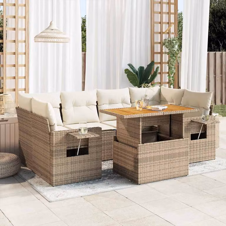 Set di divani da giardino vidaXL in polyrattan beige composto da 7 pezzi con cuscini e tavolino da esterno