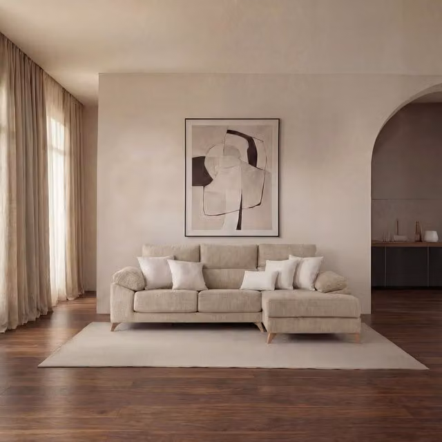 Divano chaise longue Dandy Banak a 4 posti in tessuto beige con configurazione a L e stoccaggio
