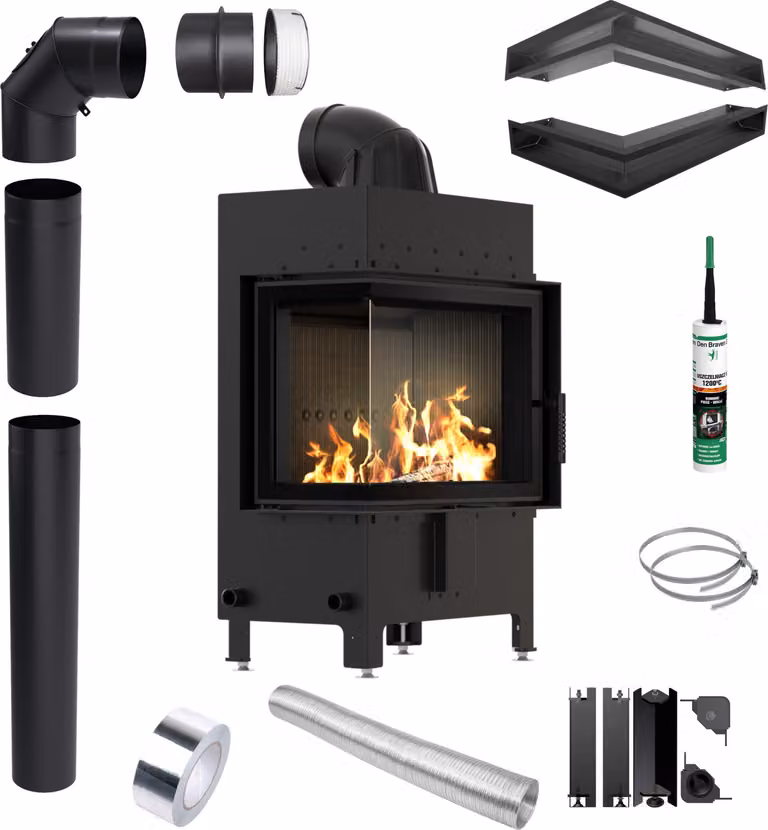 KRATKI LUCY inserto camino sinistro 12 kW Ø 200 NERO Set di tubi Luft