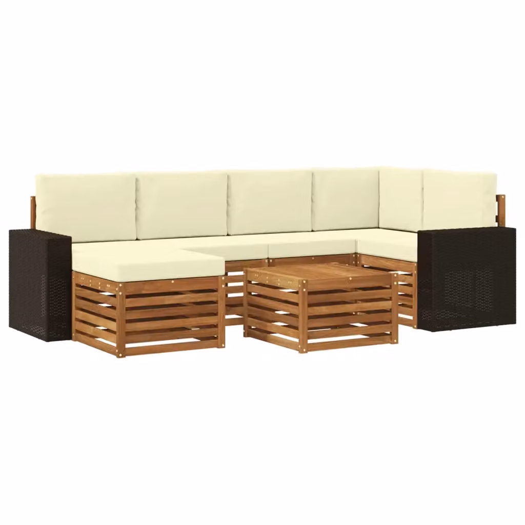 Set di divani da esterno a L vidaXL in legno di acacia con 7 pezzi, colore beige e bianco, comprensivo di cuscini e tavolino da giardino – 2