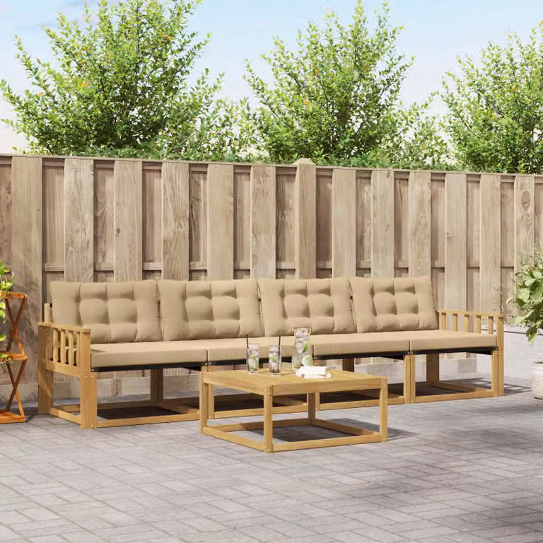 vidaXL Set di divani da esterno 5 pezzi in legno di acacia con cuscini, Bianco, Beige e Marrone