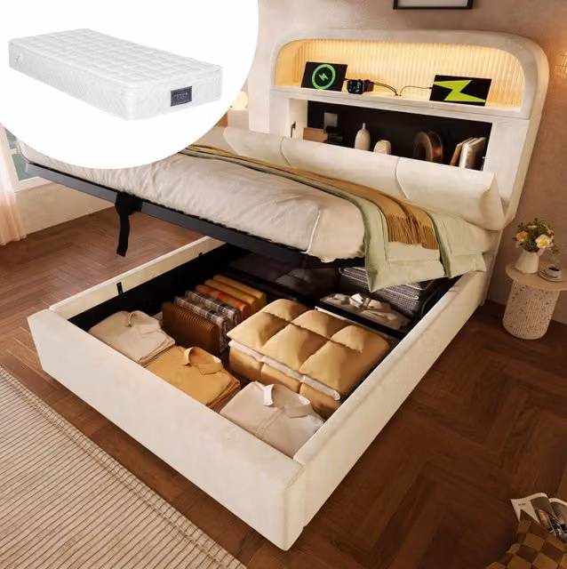 Letto singolo 90x200 cm con contenitore regolabile, testiera imbottita in velluto beige, illuminazione LED e stazione di ricarica USB/Type-C, incluso rete a doghe e materasso