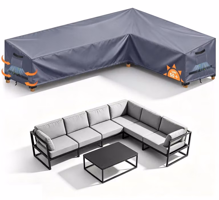 Copertura per mobili da giardino, divani da esterno a forma di L, impermeabile, grigia, dimensioni 250x180x90x80/65 cm, tessuto Oxford 420D