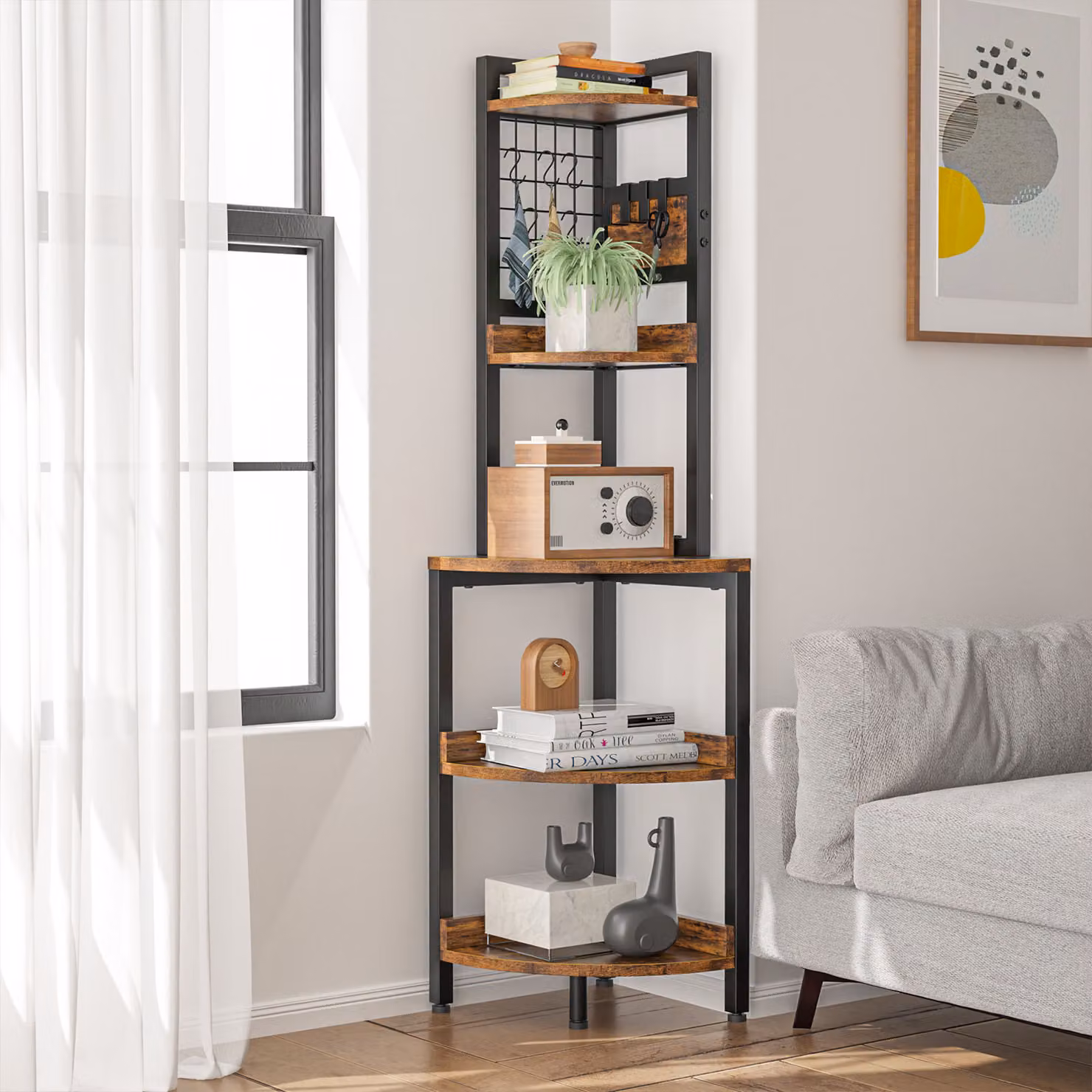 Scaffale angolare Iropro a 5 livelli, libreria, scaffale in piedi con struttura in metallo, scaffale per soggiorno, camera da letto, cucina, marrone vintage, design industriale, 40x40x152cm