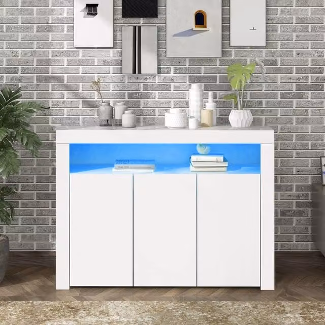 Credenza Vetrina con LED e Ante ¨C MINIMAL ¨C Bianco Lucido, Legno, 3 Ante