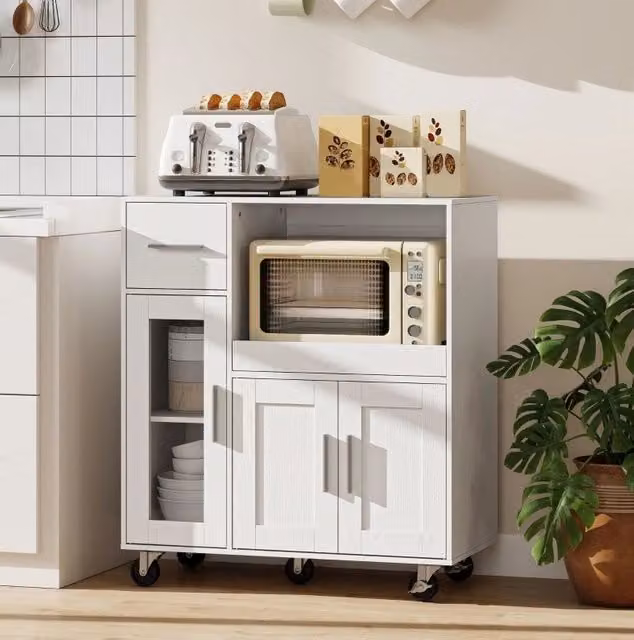 Mobile da cucina su ruote bianco con cassetto, nicchie, ripiano regolabile