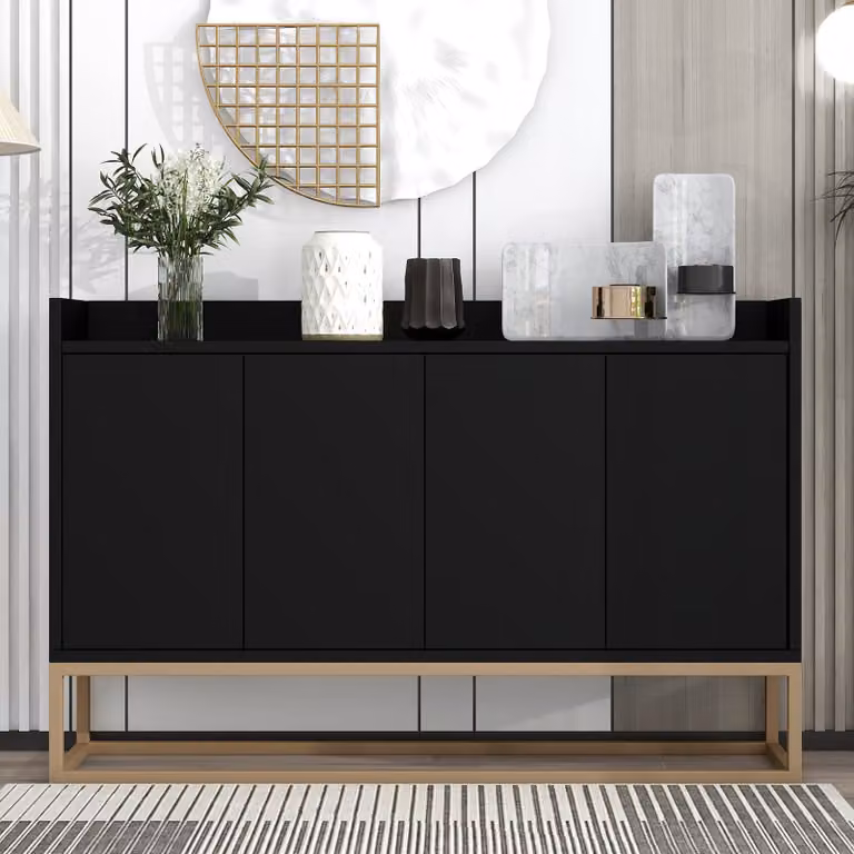 Credenza Flieks a 4 ante con ripiani regolabili, mobili da soggiorno con gambe dorate, cassettiera a buffet senza maniglie, 120x30x80cm, nero