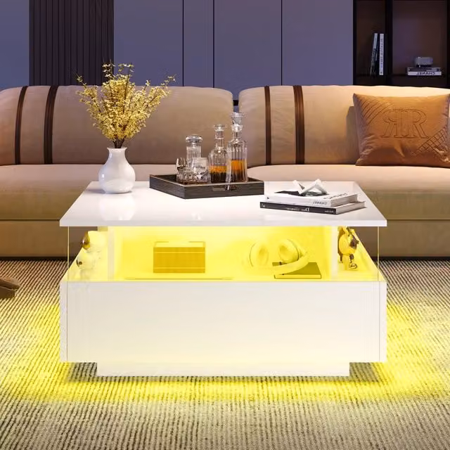 Tavolino da caffè moderno WISHDOR bianco lucido con LED, 2 cassetti e vano espositivo trasparente L/P/H: 70 x 70 x 41 cm